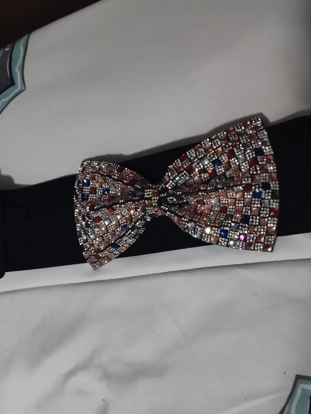 Embellished Bow Stretch Belt - Black with Multicolor Crystals